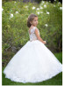 Cap Sleeves Ivory Lace Tulle Flower Girl Dress With Crystals Sash